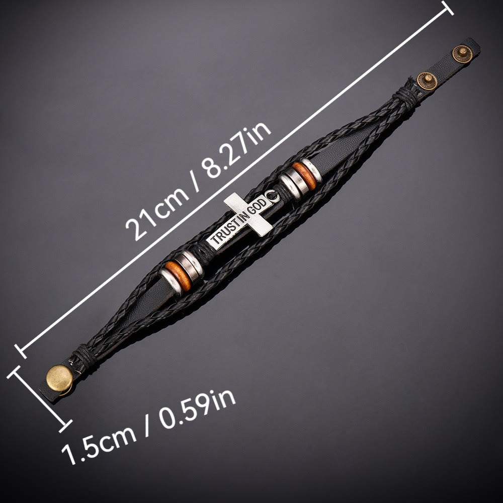 Black Braided Leather Bracelet with Cross & TRUST IN GOD Inscription