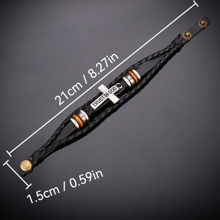 Black Braided Leather Bracelet with Cross & TRUST IN GOD Inscription