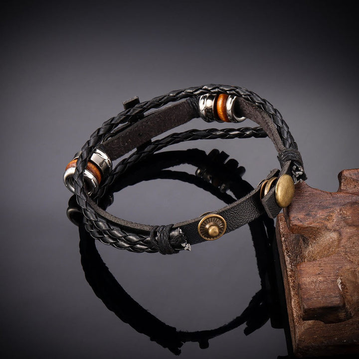 Black Braided Leather Bracelet with Cross & TRUST IN GOD Inscription