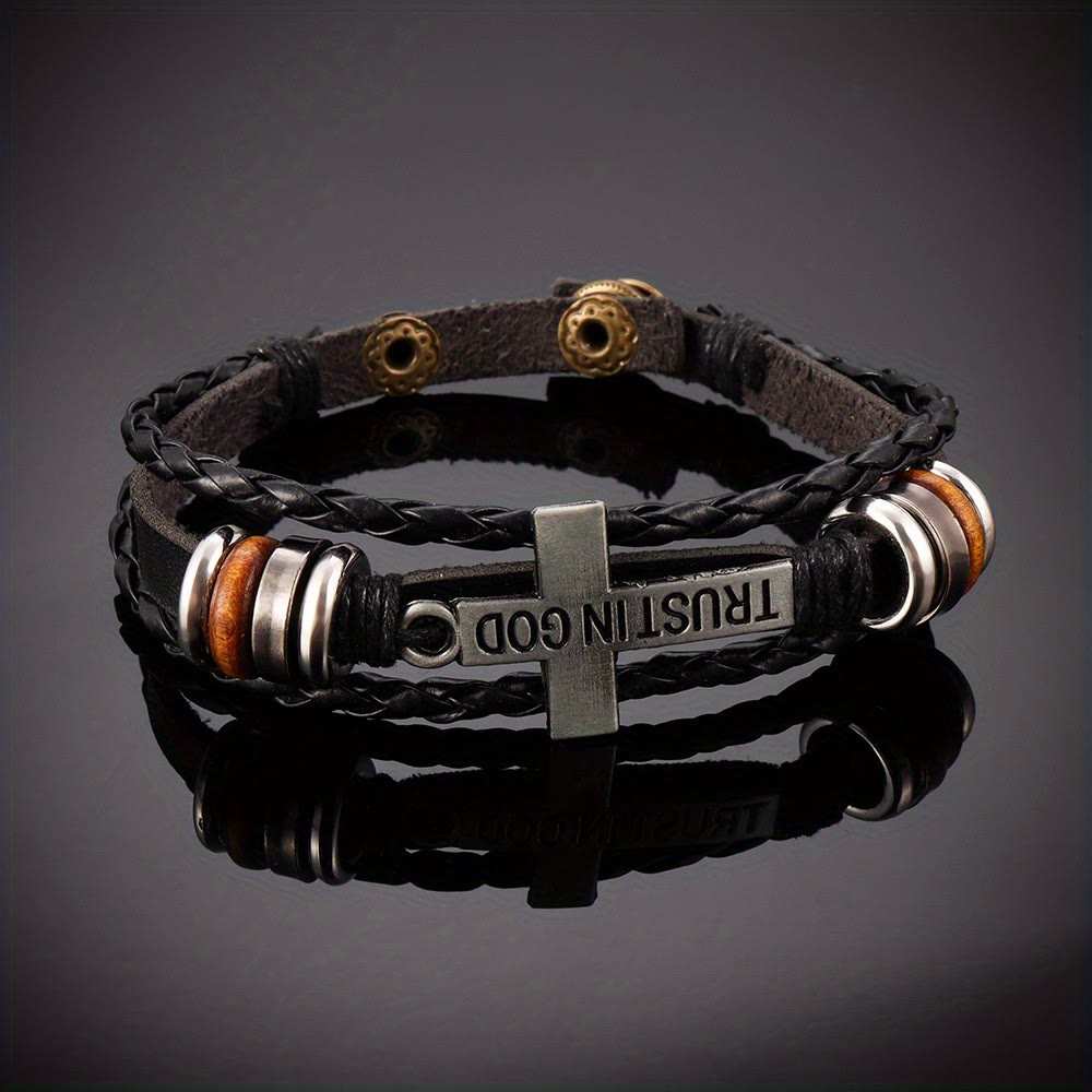 Black Braided Leather Bracelet with Cross & TRUST IN GOD Inscription