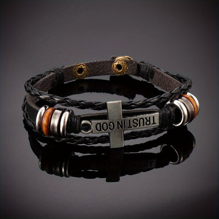 Black Braided Leather Bracelet with Cross & TRUST IN GOD Inscription