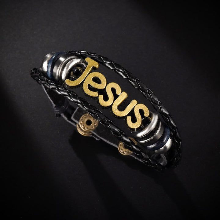 Two - Tone Jesus Charm Bracelet on Black Braided Leather