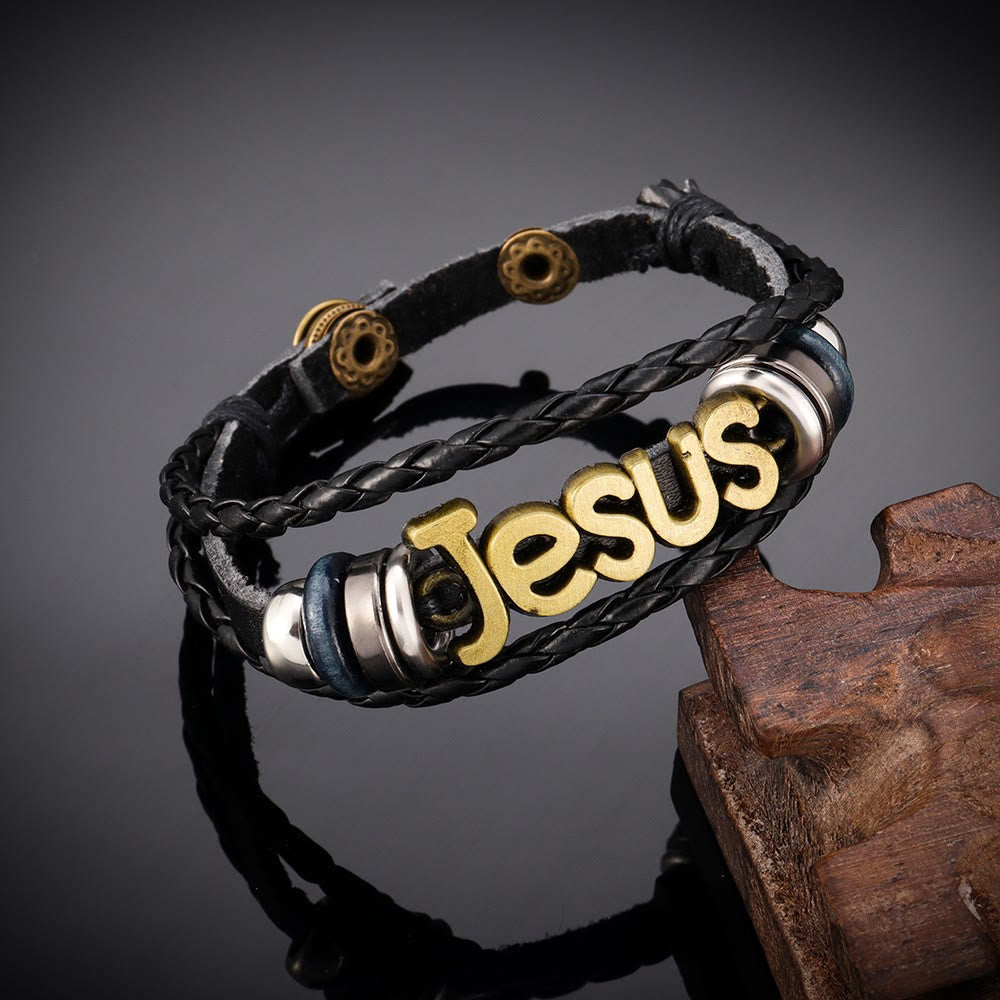 Two - Tone Jesus Charm Bracelet on Black Braided Leather