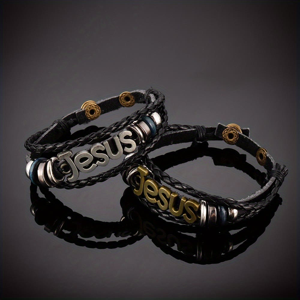 Two - Tone Jesus Charm Bracelet on Black Braided Leather