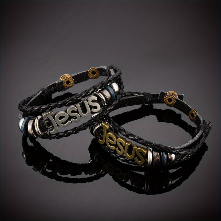 Two - Tone Jesus Charm Bracelet on Black Braided Leather