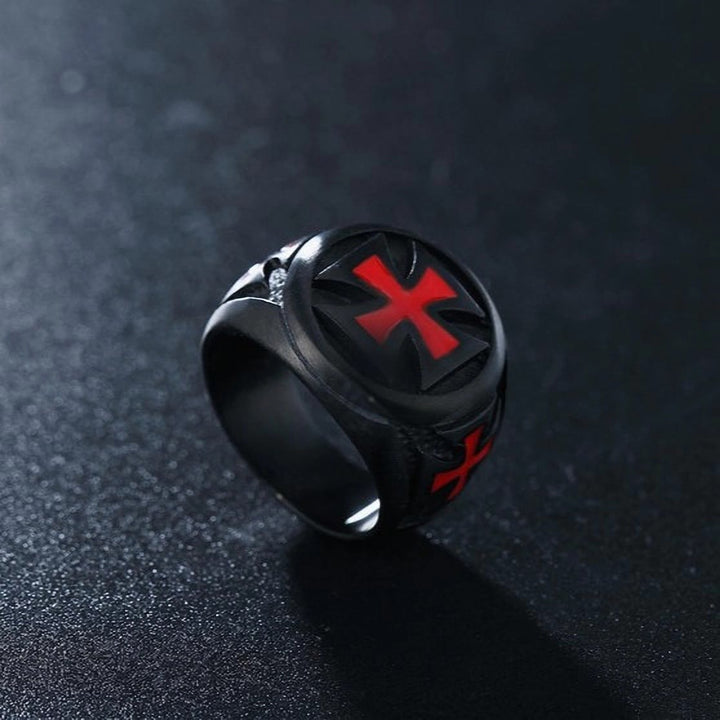 Black & Crimson Faith Armor Templar Cross Signet Ring