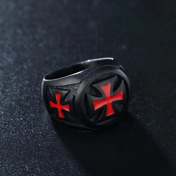 Black & Crimson Faith Armor Templar Cross Signet Ring