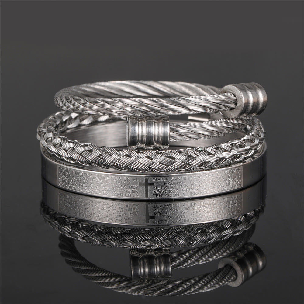 Layered Minimalist Style Spiral-Braid Cross & Lord's Prayer Bracelet
