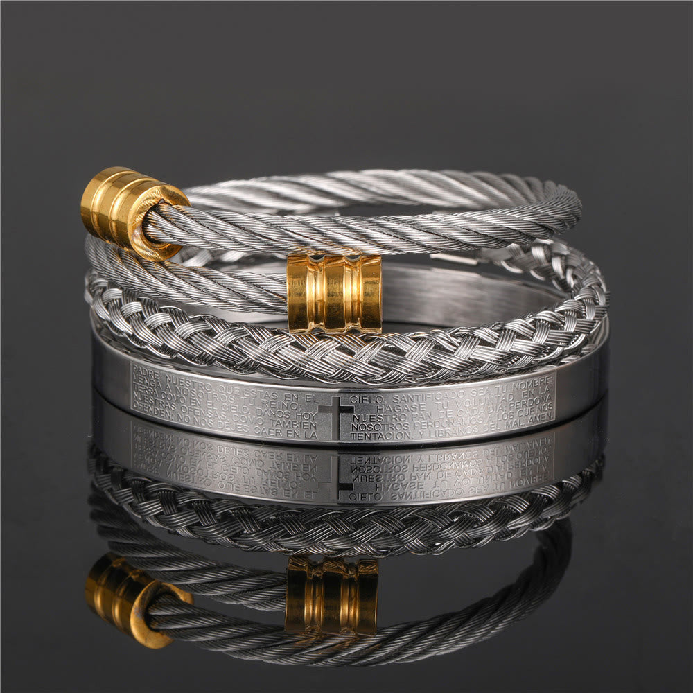 Layered Minimalist Style Spiral-Braid Cross & Lord's Prayer Bracelet