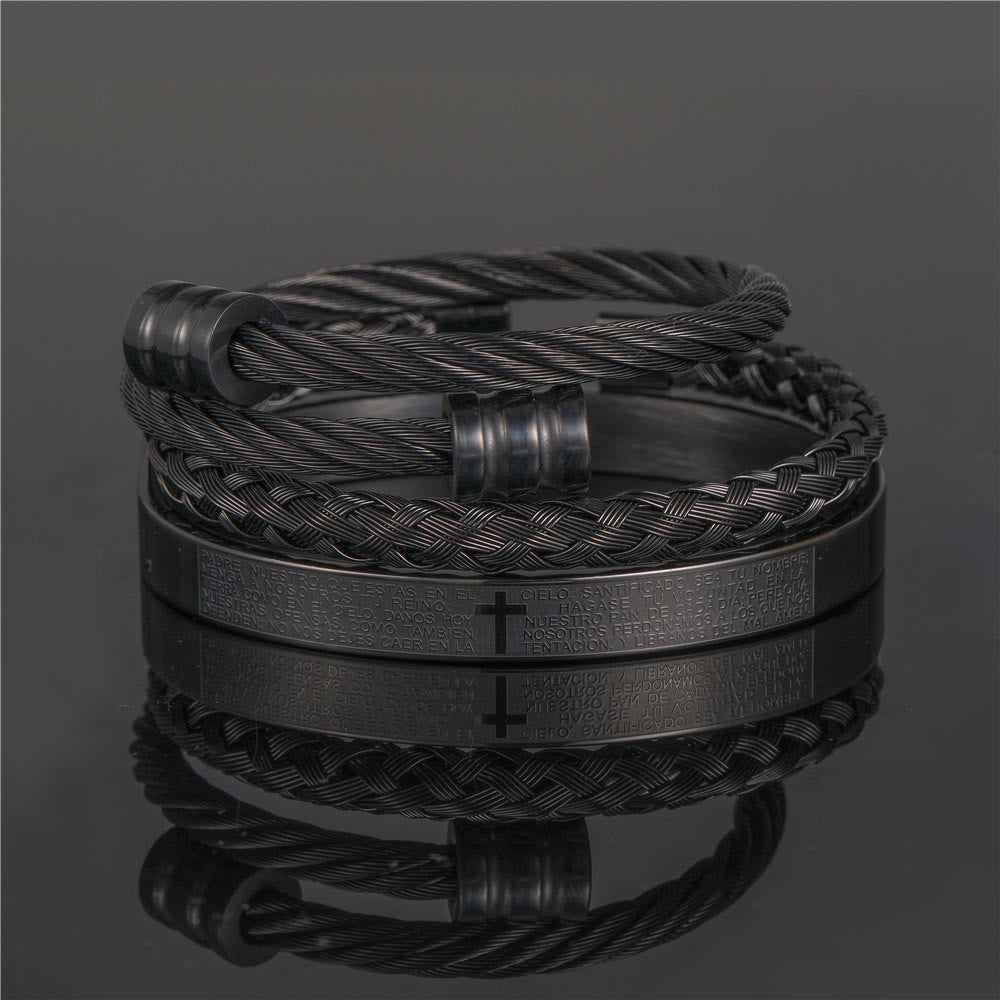 Layered Minimalist Style Spiral-Braid Cross & Lord's Prayer Bracelet