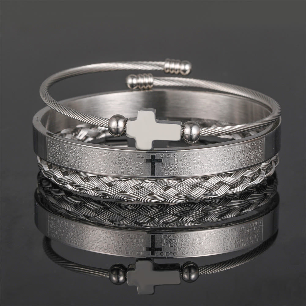 Layered Minimalist Style Spiral-Braid Cross & Lord's Prayer Bracelet