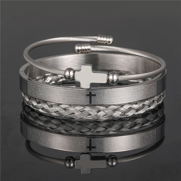Layered Minimalist Style Spiral-Braid Cross & Lord's Prayer Bracelet