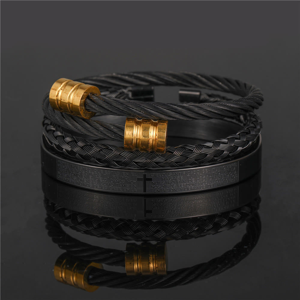 Layered Minimalist Style Spiral-Braid Cross & Lord's Prayer Bracelet