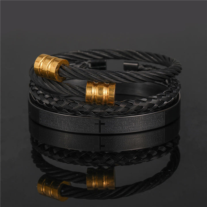 Layered Minimalist Style Spiral-Braid Cross & Lord's Prayer Bracelet