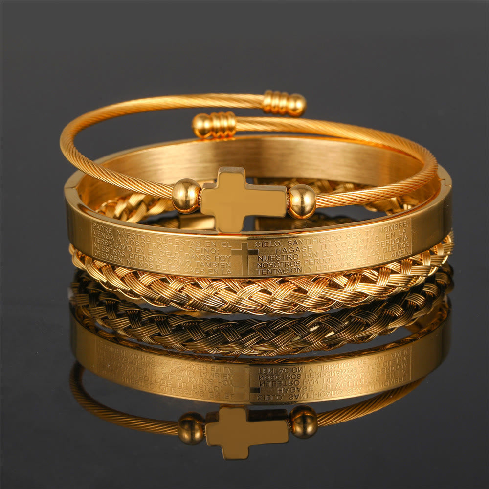 Layered Minimalist Style Spiral-Braid Cross & Lord's Prayer Bracelet