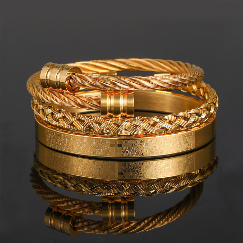 Layered Minimalist Style Spiral-Braid Cross & Lord's Prayer Bracelet
