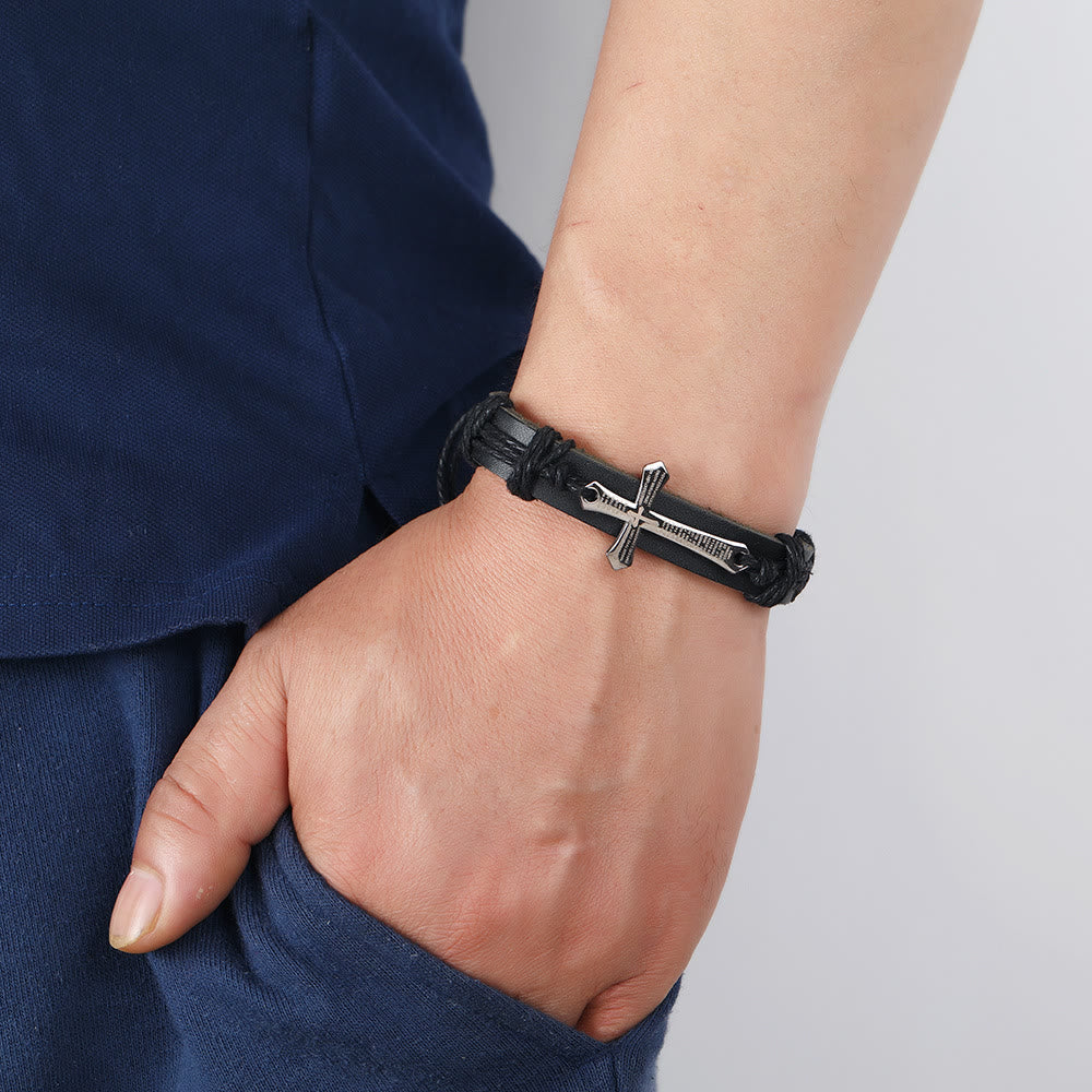 Rugged Faith Wrap Vintage Knot Cross with Scripture Bracelet in Black & Brown