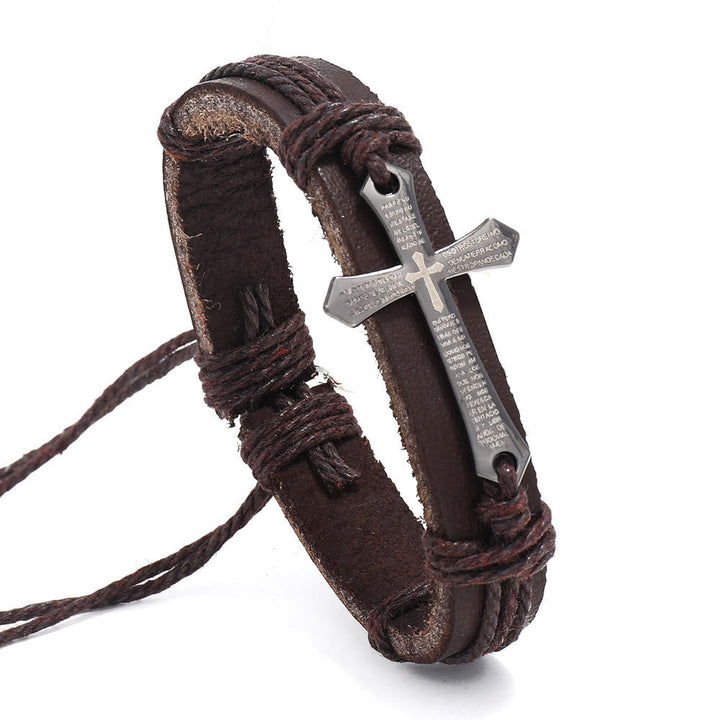 Rugged Faith Wrap Vintage Knot Cross with Scripture Bracelet in Black & Brown