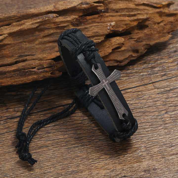 Rugged Faith Wrap Vintage Knot Cross with Scripture Bracelet in Black & Brown