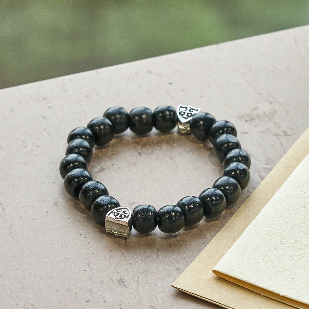 Black Wooden Prayer Handmade Bracelet with Dual Jerusalem Cross Shields
