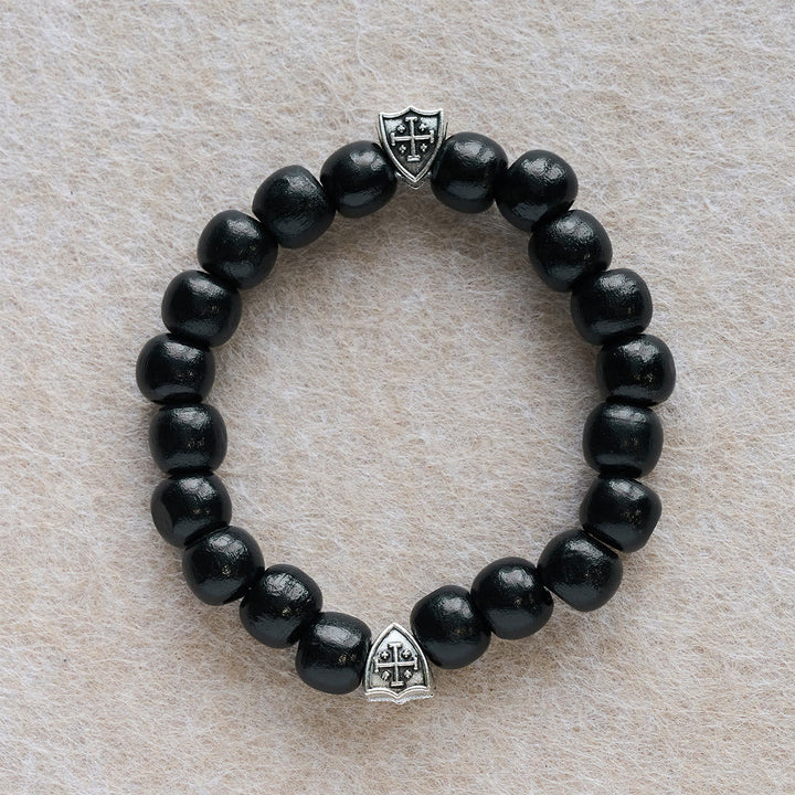 Black Wooden Prayer Handmade Bracelet with Dual Jerusalem Cross Shields