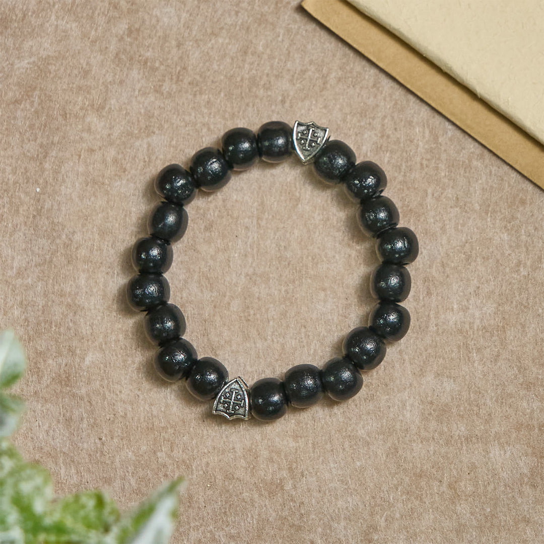Black Wooden Prayer Handmade Bracelet with Dual Jerusalem Cross Shields