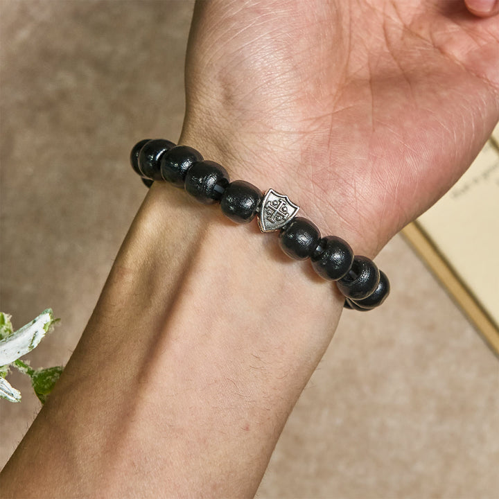 Black Wooden Prayer Handmade Bracelet with Dual Jerusalem Cross Shields