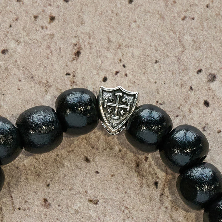 Black Wooden Prayer Handmade Bracelet with Dual Jerusalem Cross Shields