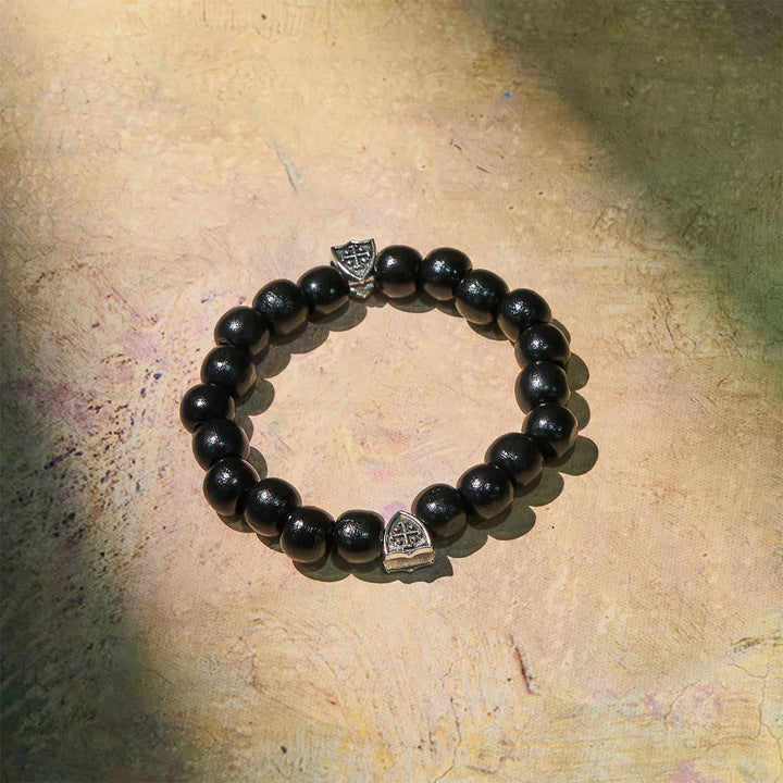 Black Wooden Prayer Handmade Bracelet with Dual Jerusalem Cross Shields