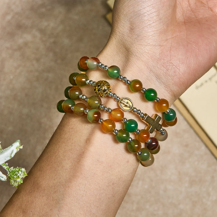 Christmas Malachite Multi-Layer Rosary Bracelet with Cross & Medal