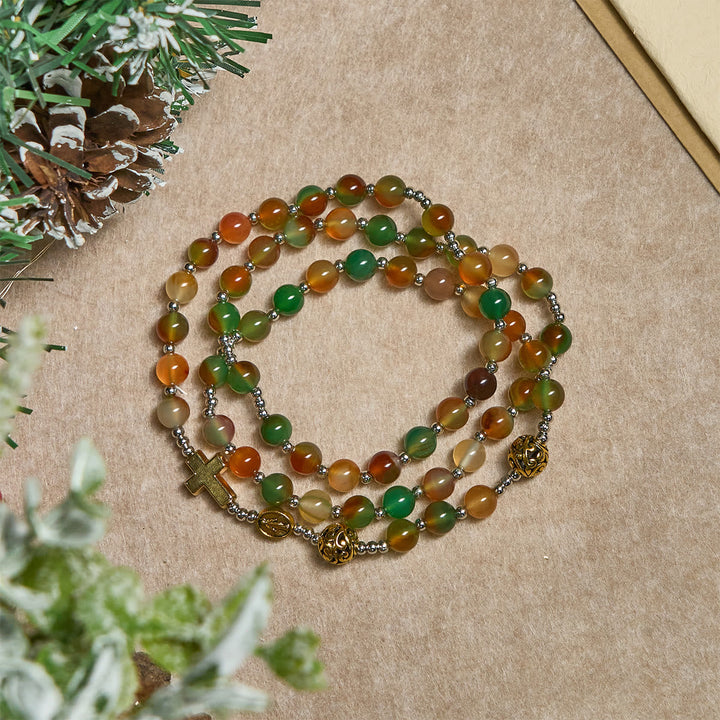 Christmas Malachite Multi-Layer Rosary Bracelet with Cross & Medal