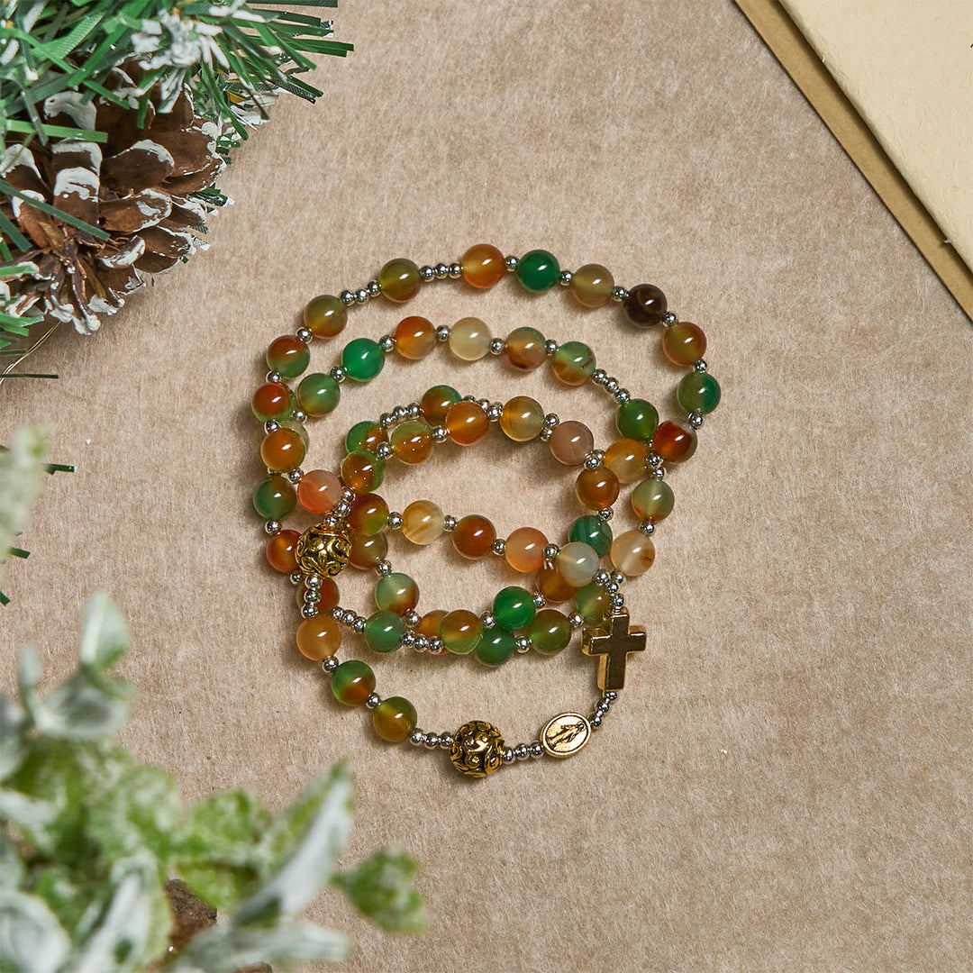 Christmas Malachite Multi-Layer Rosary Bracelet with Cross & Medal
