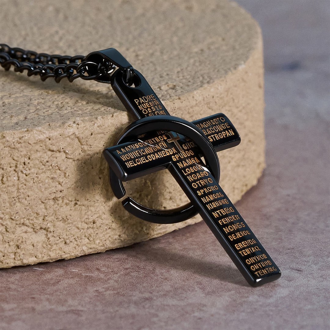Lord's Prayer with Interlocking Ring Cross Pendant Necklace: Bold Style Sacred Meaning