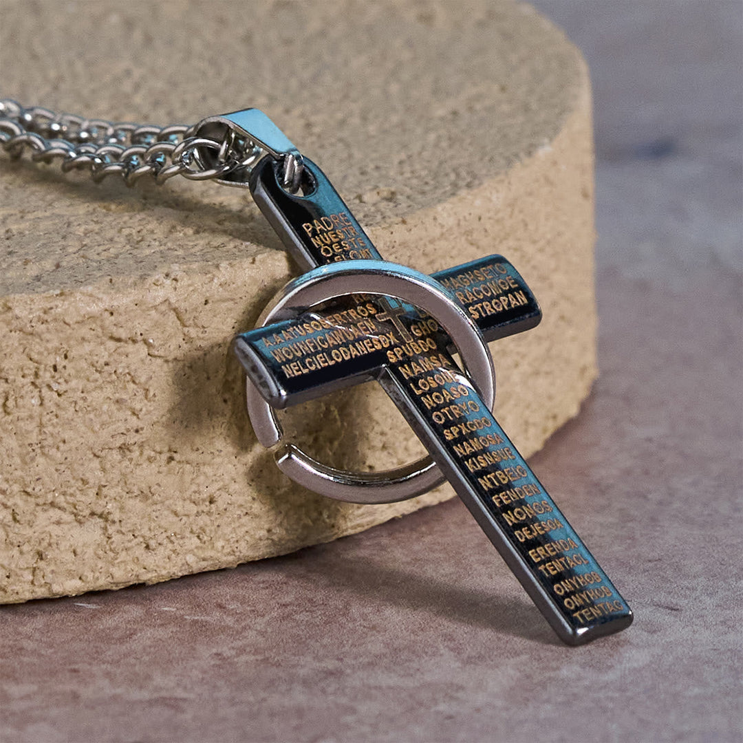Lord's Prayer with Interlocking Ring Cross Pendant Necklace: Bold Style Sacred Meaning
