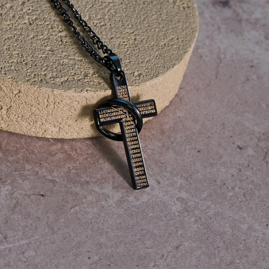 Lord's Prayer with Interlocking Ring Cross Pendant Necklace: Bold Style Sacred Meaning