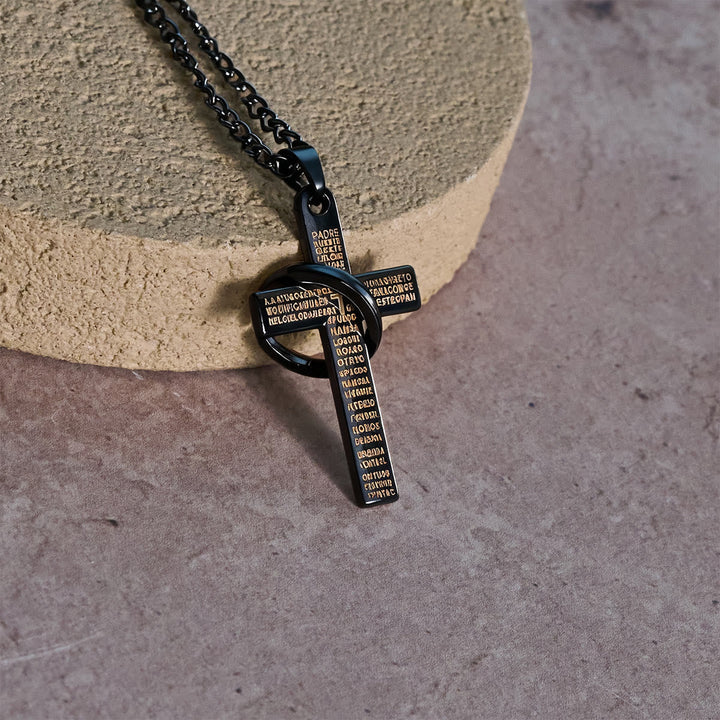 Lord's Prayer with Interlocking Ring Cross Pendant Necklace: Bold Style Sacred Meaning