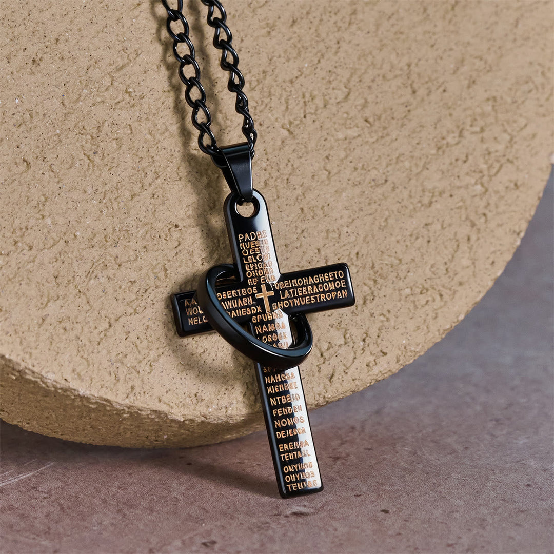 Lord's Prayer with Interlocking Ring Cross Pendant Necklace: Bold Style Sacred Meaning