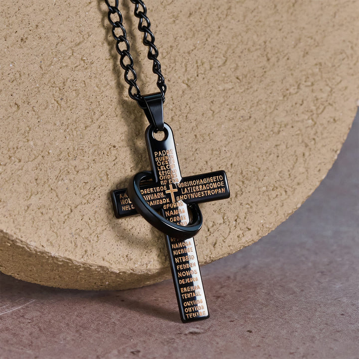 Lord's Prayer with Interlocking Ring Cross Pendant Necklace: Bold Style Sacred Meaning