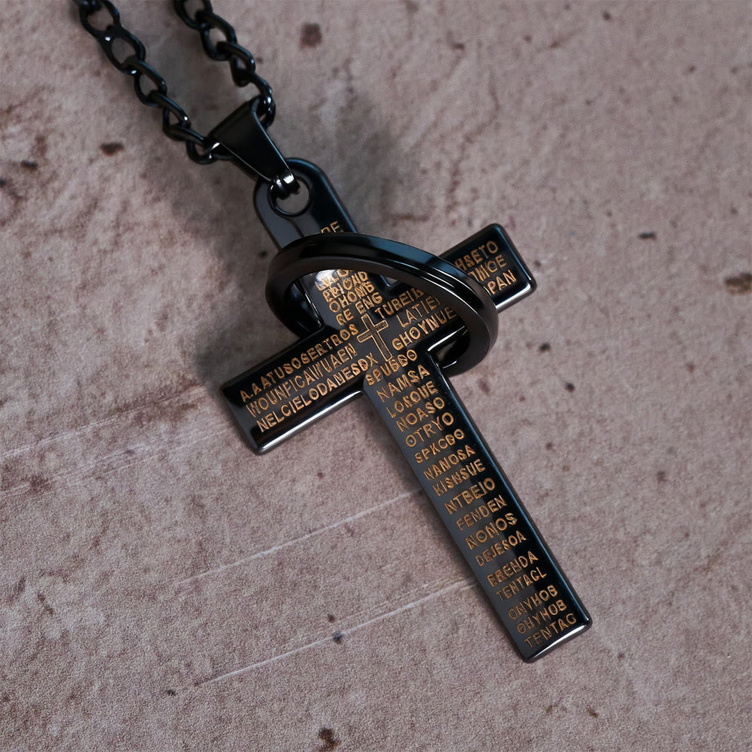 Lord's Prayer with Interlocking Ring Cross Pendant Necklace: Bold Style Sacred Meaning