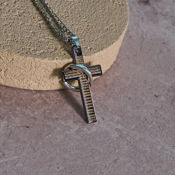 Lord's Prayer with Interlocking Ring Cross Pendant Necklace: Bold Style Sacred Meaning