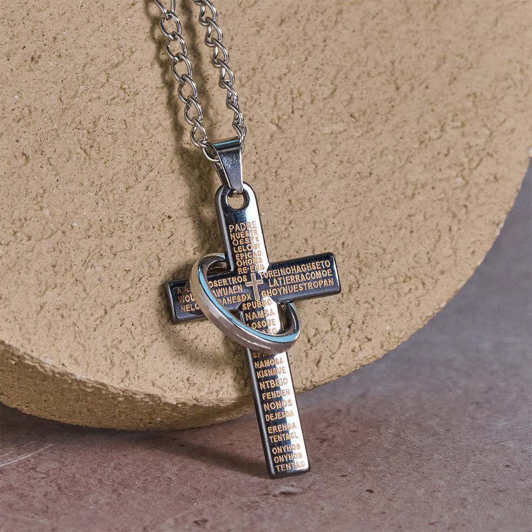 Lord's Prayer with Interlocking Ring Cross Pendant Necklace: Bold Style Sacred Meaning