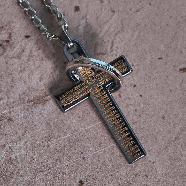 Lord's Prayer with Interlocking Ring Cross Pendant Necklace: Bold Style Sacred Meaning