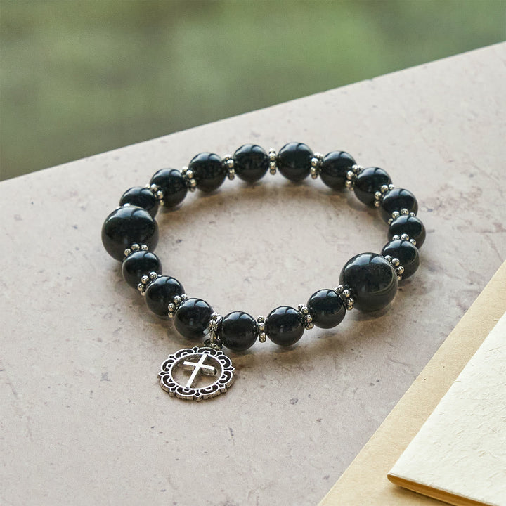Spiritual Armor Black Obsidian Bracelet with Cross Charm: Pray without Fear