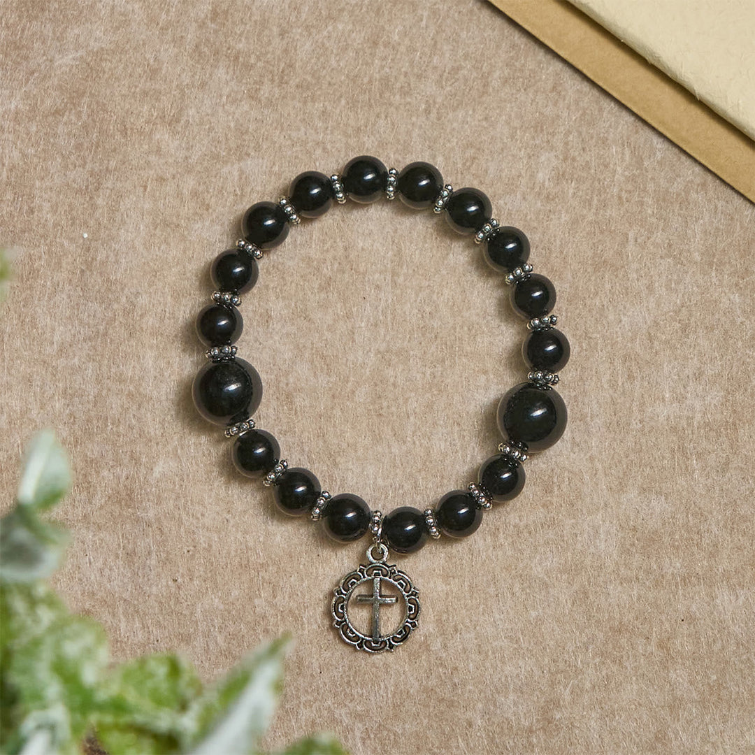 Spiritual Armor Black Obsidian Bracelet with Cross Charm: Pray without Fear