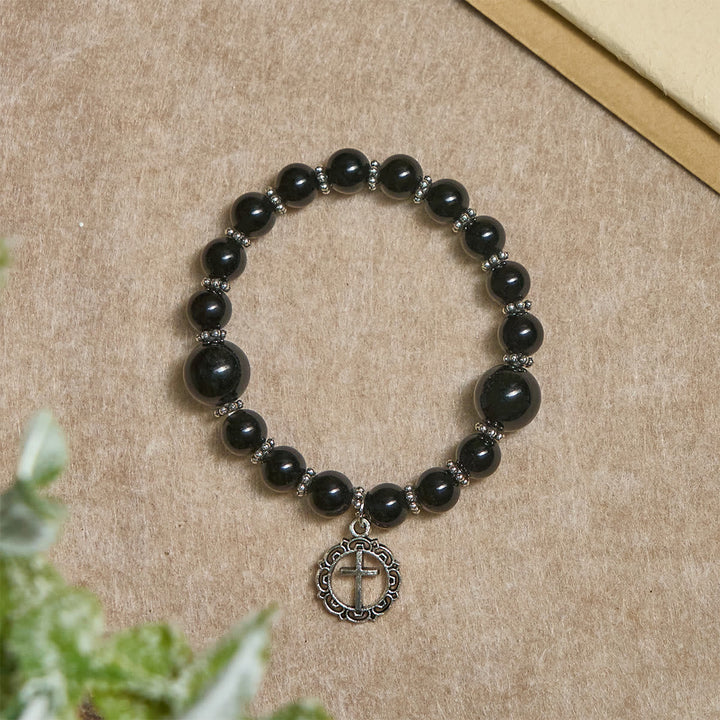 Spiritual Armor Black Obsidian Bracelet with Cross Charm: Pray without Fear