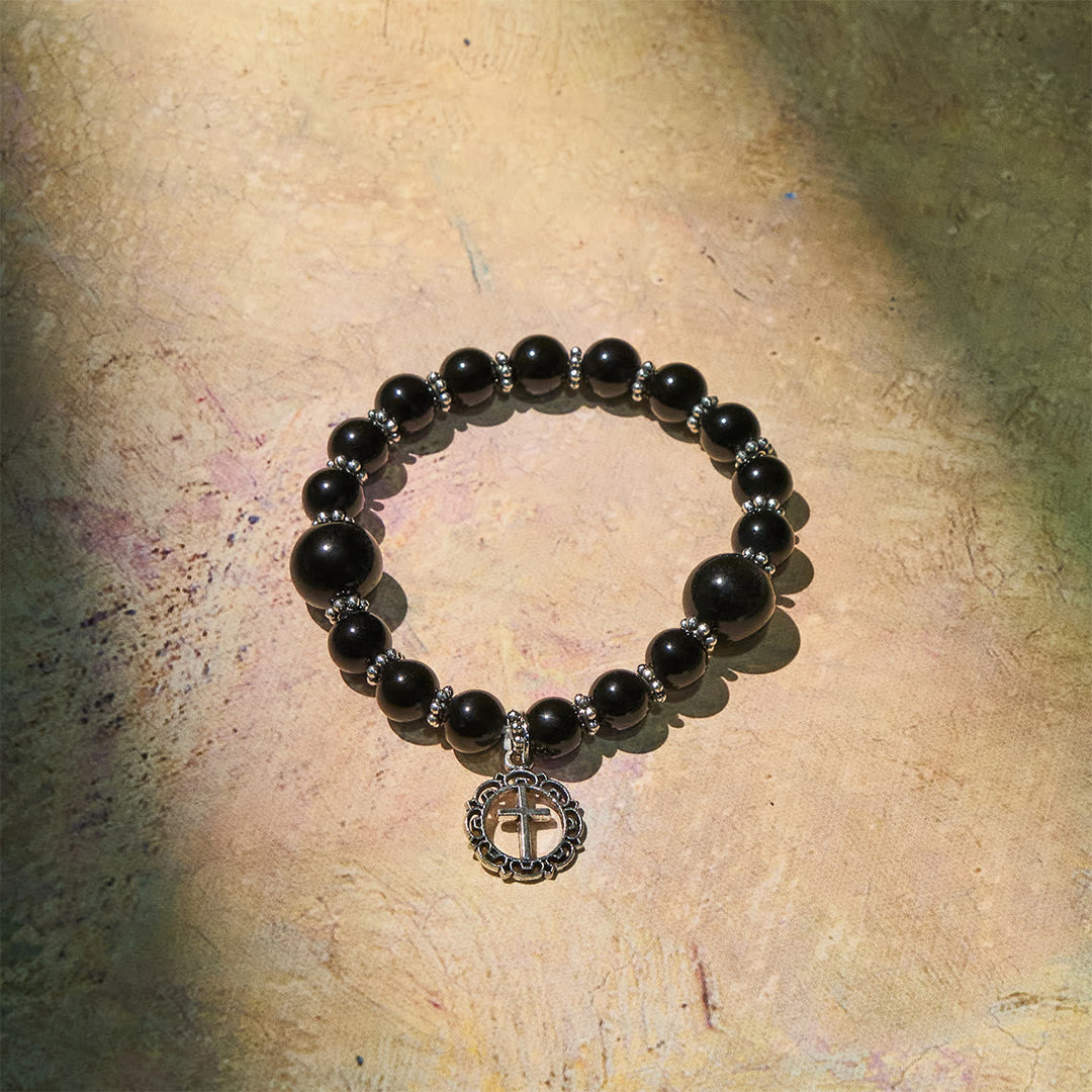Spiritual Armor Black Obsidian Bracelet with Cross Charm: Pray without Fear