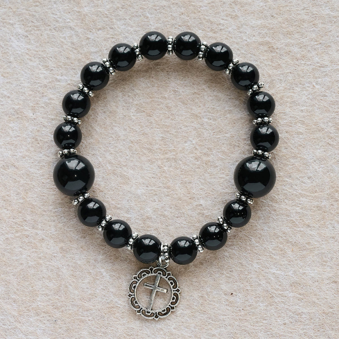 Spiritual Armor Black Obsidian Bracelet with Cross Charm: Pray without Fear
