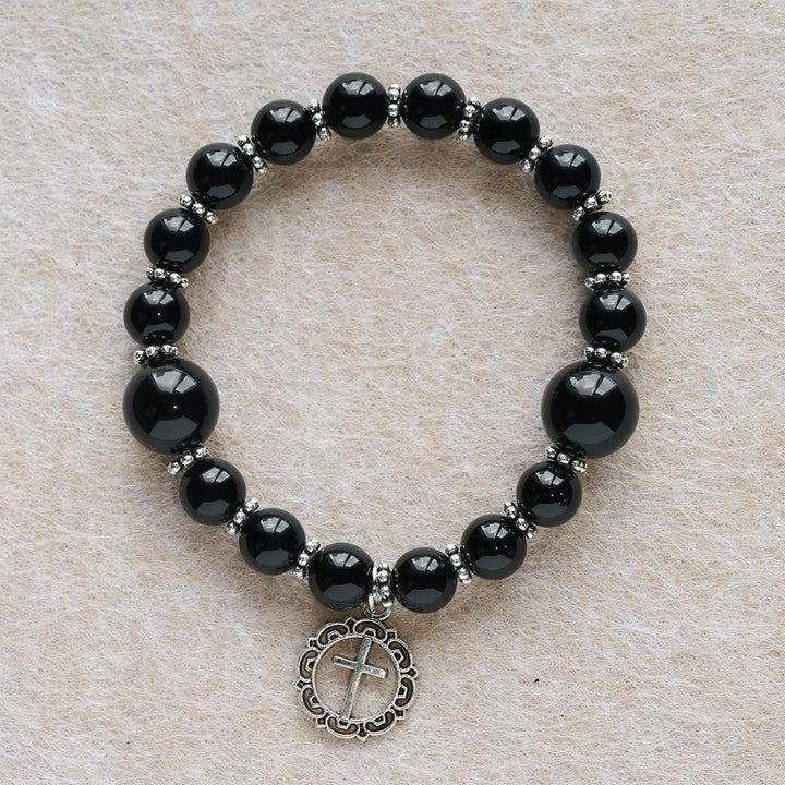 Spiritual Armor Black Obsidian Bracelet with Cross Charm: Pray without Fear