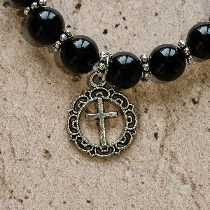 Spiritual Armor Black Obsidian Bracelet with Cross Charm: Pray without Fear