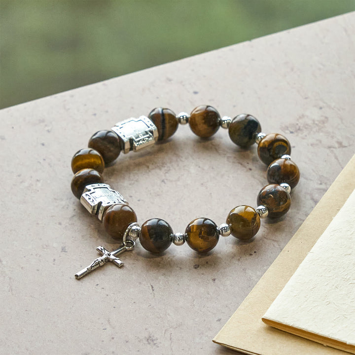 Courage in Christ Tiger Eye Stone Bracelet with Cross Charm: Pray without Fear